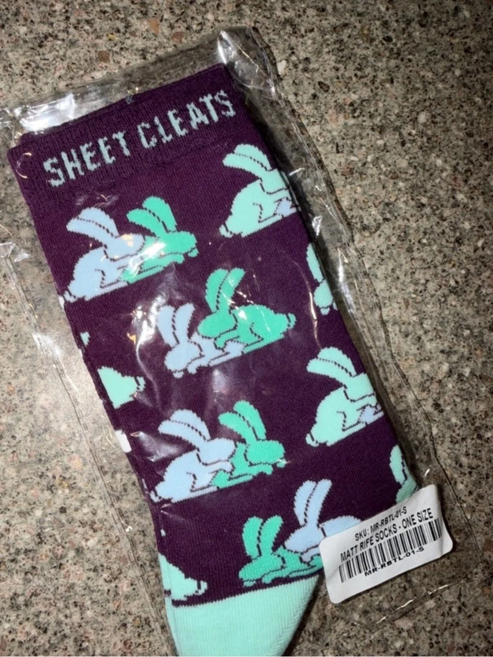 Sheet Cleats Matt Ripe Socks with white and teal bunny patter